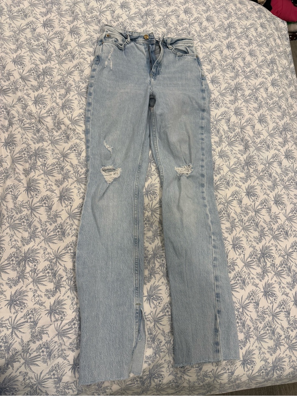 Zara Light Blue Distressed Wide-Leg Jeans